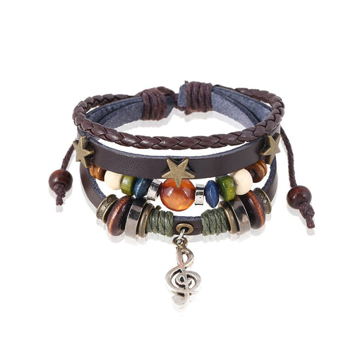 Dmaiy Leather Music Bracelets Braided Beaded Bracelet Black Stackable Bracelets for Women and Men (Brown music)